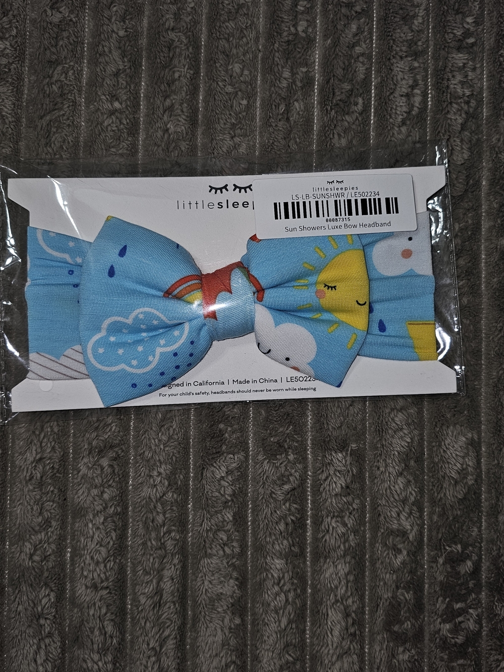 Little Sleepies Sun & Rain Pattern Luxe Bow Headband - Light Blue NEW